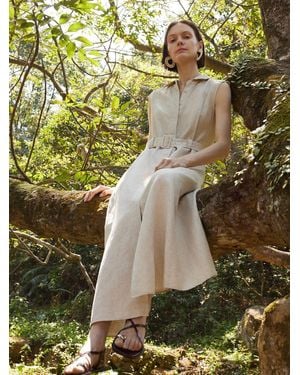 GOELIA 100% Linen Vest Maxi Shirt Dress With Belt - White