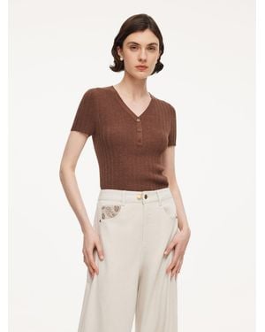 GOELIA Tencel Blend V-Neck Glittering Knit Top - Brown