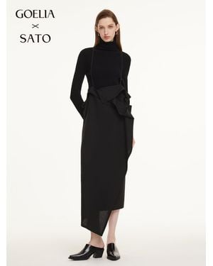 GOELIA Merino Wool Asymmetric Drape Pinafore Maxi Dress - Black