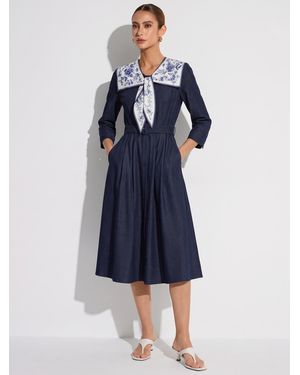 GOELIA V-Neck Belted Denim Look Maxi Dress With Detachable Floral Print Silk Collar - Blue