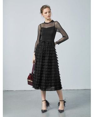 GOELIA Pleated Tiered Sheer Sleeve Cake Midi Dress - White