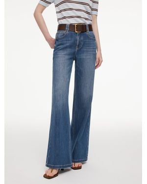 GOELIA Lyocell Blend Denim Flared Palazzo Jeans With Belt - Blue