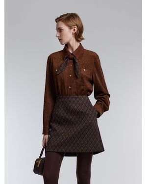 GOELIA Faux Suede Shirt With Plaid Ribbon - Brown