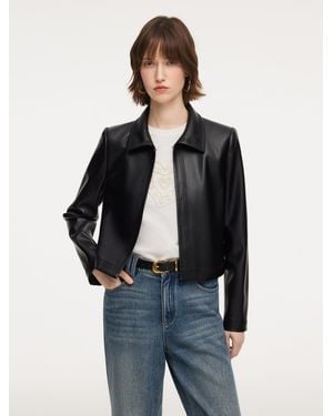 GOELIA Pu Leather Embroidered Trim Cropped Jacket - Blue