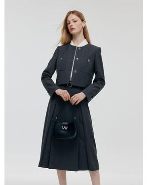 GOELIA Wool Blend Crop Jacket And A-Line Skirt Two-Piece Set With Leather Belt - Blue