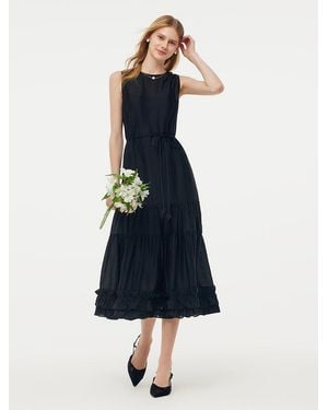 GOELIA Tencel Ruffle Hem Tiered Vest Midi Dress With Slip Dress And Belt - Blue