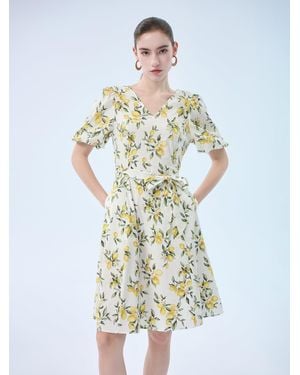 GOELIA Cotton Lemon Print V-Neck Belted Midi Dress - White