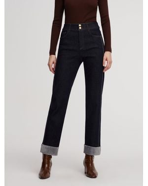 GOELIA Denim High-Waisted Fleece Lined Folded Jeans - Black