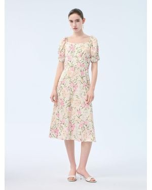 GOELIA Pre-Order [Preview] 19Mm Mulberry Silk Floral Print Square Neck Maxi Dress - White