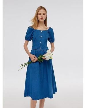 GOELIA Denim Puff Sleeves Top And A-Line Skirt Two-Piece Set - Blue