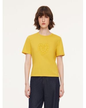 GOELIA Cotton Blend Round Neck Tape Embroidered T-Shirt - Yellow