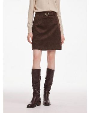GOELIA Faux Suede A-Line Belted Skirt - Brown