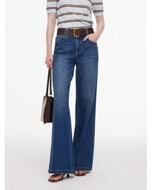 GOELIA Lyocell Blend Denim Flared Palazzo Jeans With Belt - Blue
