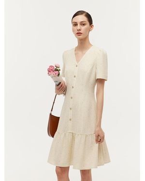 GOELIA Tweed Sequins V-Neck Ruffle Hem Mini Dress - Natural