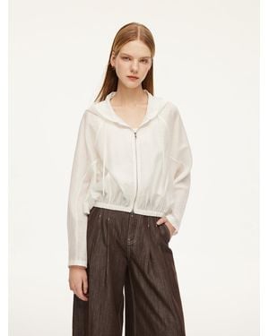 GOELIA Tencel Acetate Linen Blend Zip-Up Hooded Cropped Jacket - Natural