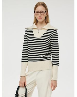 GOELIA Oversized Collar Half-Zip Knit Top - Natural