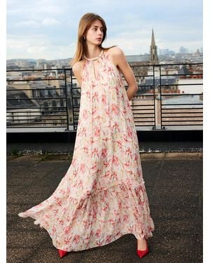 GOELIA 10 Momme Mulberry Silk Iris Print Halter Ruffle Maxi Dress - Multicolor