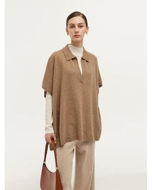 GOELIA 100% Cashmere Polo Collar Poncho Sweater - Natural