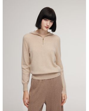 GOELIA 100% Cashmere Half-Zip Hooded Sweater - Natural