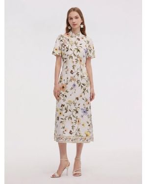 GOELIA Tencel Linen Blend Floral Print Qipao Maxi Dress - Natural