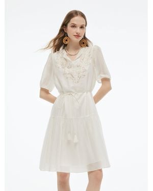 GOELIA Tencel Blend Sequins Embroidered Midi Dress With Tie String Belt - White