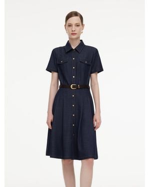 GOELIA Denim Look Gather-Waisted Midi Shirt Dress With Leather Belt - Blue