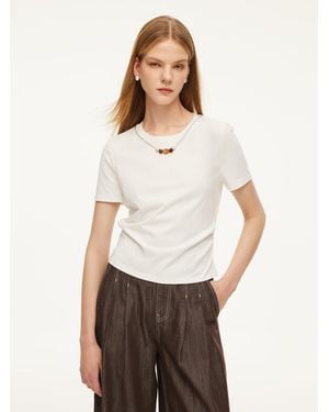 GOELIA Cotton Side Twist T-Shirt With Detachable Beaded Chain - White