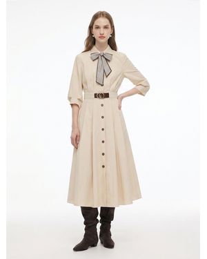 GOELIA Cotton Blend 3/4 Ruched Sleeve Belted Maxi Shirt Dress With Silk Scarf - Natural