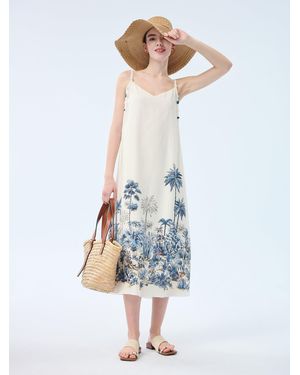 GOELIA Tencel Linen Blend Floral Print Strap Maxi Dress - White