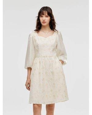 GOELIA Lantern Sleeve Patchwork Jacquard Mini Dress - Natural