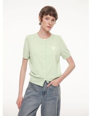 GOELIA Lyocell Blend Sequined Heart Short Sleeve Cardigan - Green