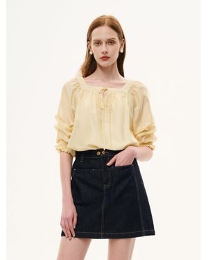 GOELIA Tencel Blend Embroidered Square Neck Blouse - Blue
