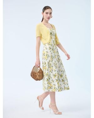 GOELIA Cotton Lemon Print Strap Dress And Cardigan Two-Piece Set - White