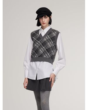 GOELIA Plaid Knit Vest And Shirt Two-Piece Set - White