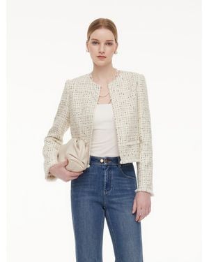 GOELIA Wool Blend Tweed Frayed Hem Jacket - Blue