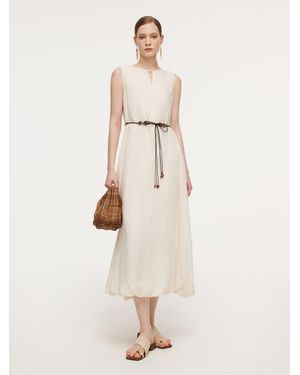 GOELIA 100% Ramie Bubble Hem Sleeveless Maxi Dress With Tie String Belt - Natural