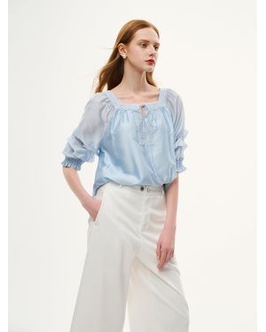 GOELIA Tencel Blend Embroidered Square Neck Blouse - Blue