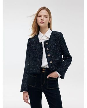 GOELIA Wool Blend Tweed Square Neck Crop Jacket - Blue