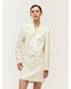 GOELIA Tweed Bow Tie Neck Jacket And Mini Skirt Two-Piece Set - Natural