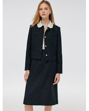 GOELIA Tweed Crop Jacket And A-Line Skirt Two-Piece Set With Detachable Contrast Collar - Blue