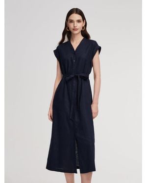 GOELIA 100% Linen V-Neck Self-Tie Belt Maxi Dress With Skirt Lining - Blue
