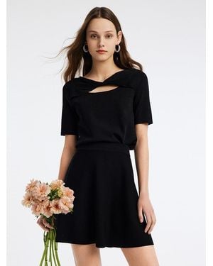 GOELIA Tencel Mulberry Silk Woolen Top And A Line Mini Skirt Two-Piece Set - Black