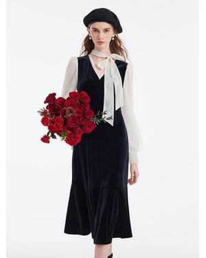 GOELIA Lace Patchwork Velvet Midi Dress - Black