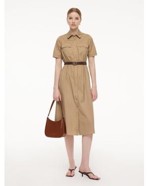 GOELIA Cotton Blend Midi Shirt Dress With Leather Belt - Natural