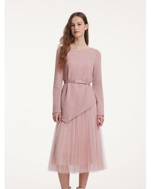 GOELIA Asymmetrical Hem Top And Tulle Skirt With Belt Two-Piece Set - Pink