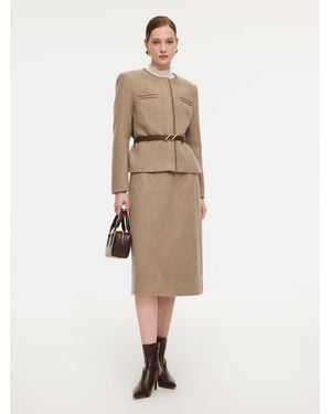 GOELIA 100% Washable Wool Jacket And Skirt Two-Piece Set With Belt - White