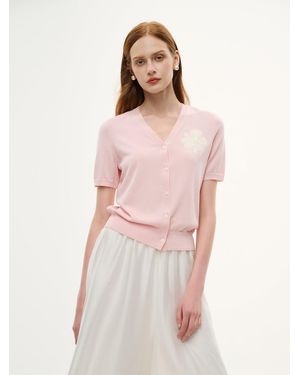 GOELIA Tencel Blend Floral Embroidered Short Sleeve Cardigan - Pink