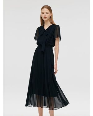GOELIA 10 Momme Mulberry Silk Bow Tie Neck Ruffle Midi Dress - Blue