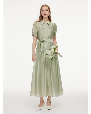 GOELIA Tencel Blend Puff Sleeve Belted Maxi Shirt Dress - Green