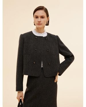 GOELIA 100% Washable Wool Double Breasted Crop Jacket - Black